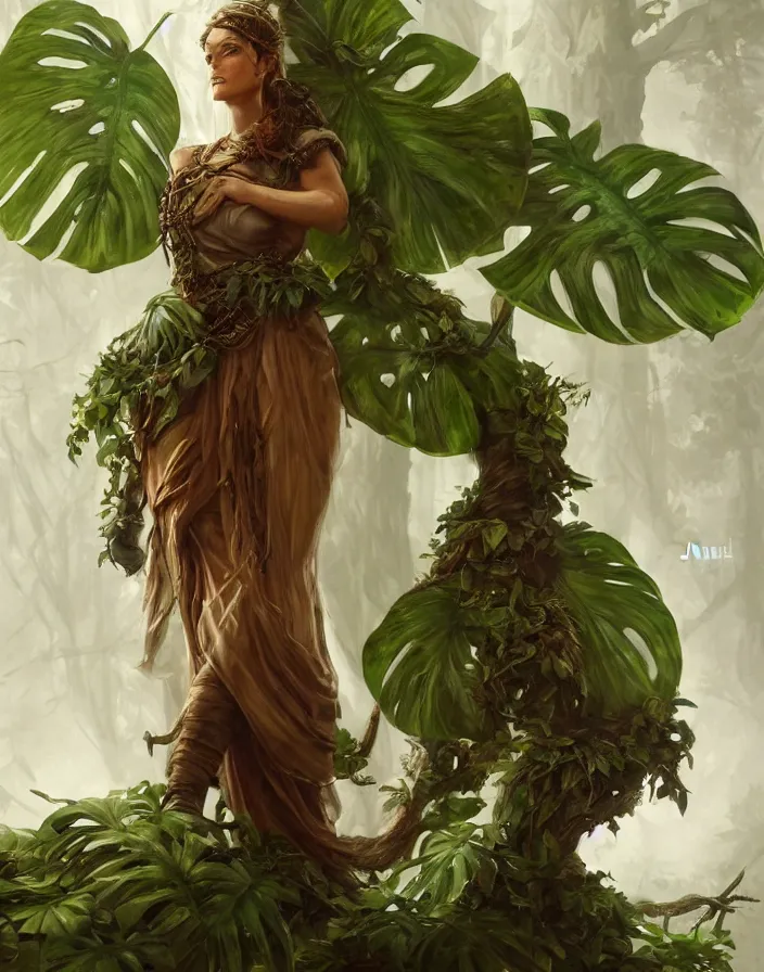 Prompt: a woman tree druid with monstera leaf clothing, fully clothed, two arms, realistic pose, D&D, fantasy, intricate, cinematic lighting, highly detailed, digital painting, artstation, concept art, smooth, sharp focus, illustration, art by Justin Gerard