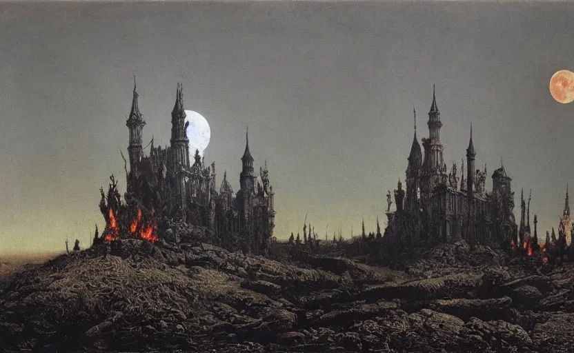 Image similar to a picture in high contrast by vasily vereshchagin of burning!!! gothic! castle in smoke on a hill, full moon in clouds, visual art, 8 k resolution, 3 d modelling, hard lighting