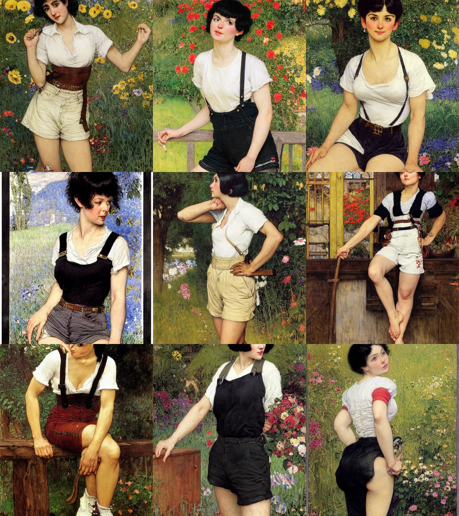 Prompt: a woman with black hair and long pixie haircut in shorts with suspenders and white t-shirt drawn by William Holman Hunt, norman rockwell, frank frazetta, alphonso azpiri, maler collier, peter paul rubens, alphonse mucha, gustav klimt 4k, unreal 5, DAZ, french noveau, trending on artstation, octane render, hyperrealistic