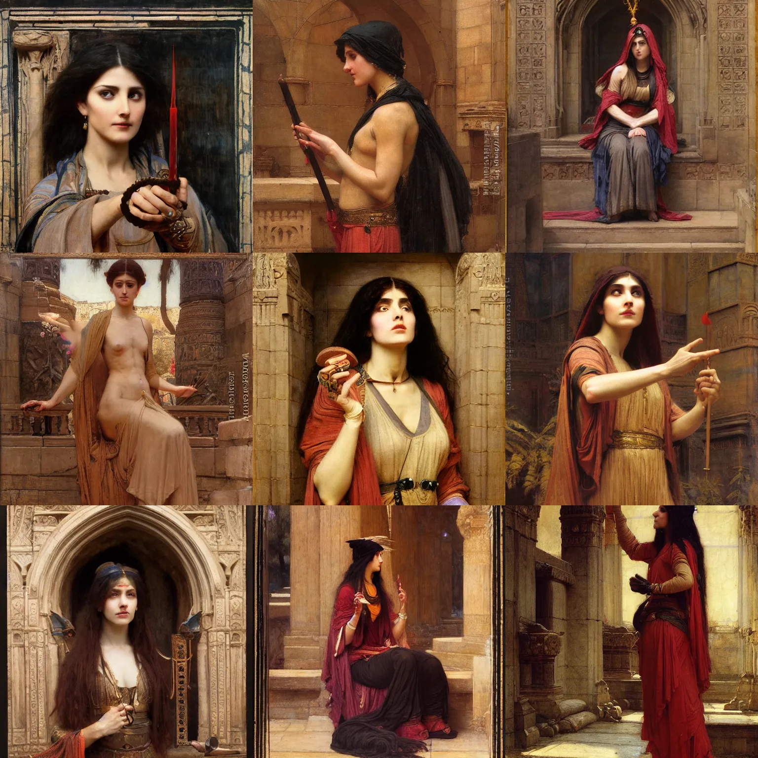 Prompt: orientalist portrait of a witch casting a spell in a sandstone temple intricate portrait by john william waterhouse and Edwin Longsden Long and Theodore Ralli and Henryk Siemiradzki, very coherent symmetrical artwork. Cinematic, hyper realism, high detail 8k
