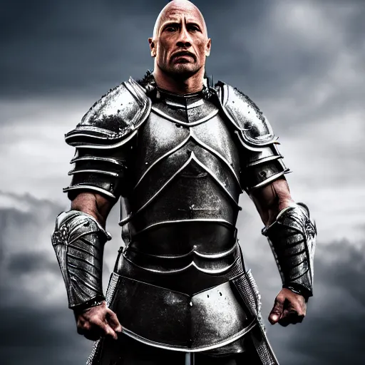 Image similar to dwayne johnson as a noble knight paladin in shining armor, intricate fractal armor, cinematic, studio photography, high detail, ultra high detail, 4 k, hdr, 8 k