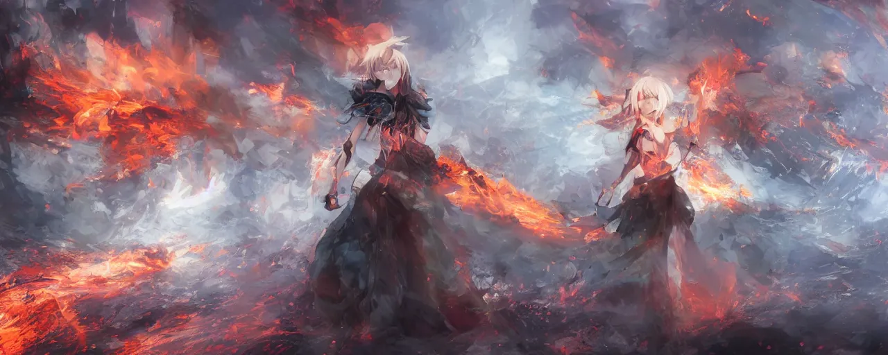 Prompt: advanced digital anime art, a very cute gorgeous teenage girl made of fire and ice with red fiery watery eyes glancing over her left shoulder wearing a dress made of water is walking through an apocalyptic burning city, dramatic cinematic lighting, highly intricately detailed, medium shot, mid-shot, trending on pixiv, Artstation, Sakimimichan