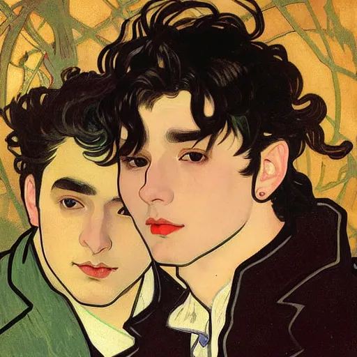 Image similar to painting of young cute handsome beautiful dark medium wavy hair man in his 2 0 s named shadow taehyung and cute handsome beautiful min - jun together at the halloween! party, bubbling cauldron!, candles!, smoke, autumn! colors, elegant, wearing suits!, delicate facial features, art by alphonse mucha, vincent van gogh, egon schiele