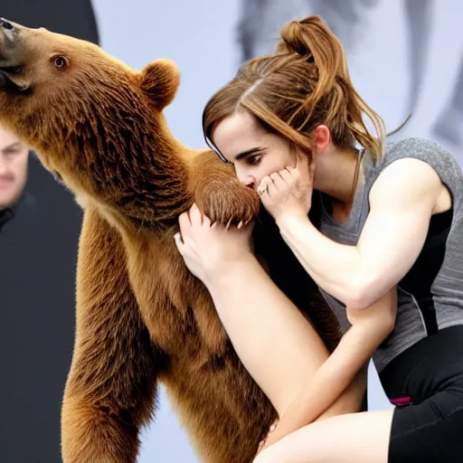 Image similar to emma watson grappling with a bear