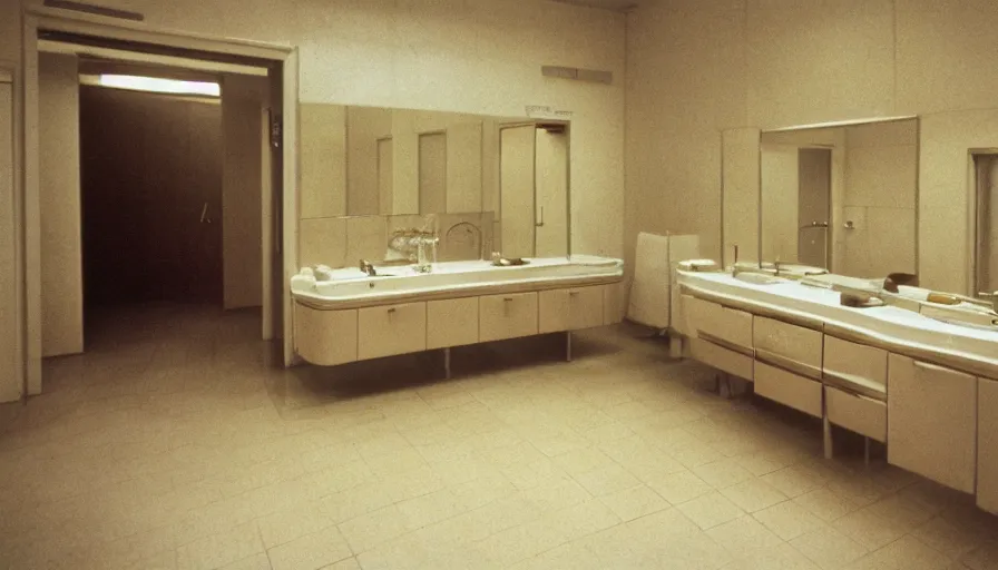 Image similar to 70s movie still of a empty very large bathroom, cinestill 800t Technicolor, heavy grain, high quality, criterion collection, liminal space style