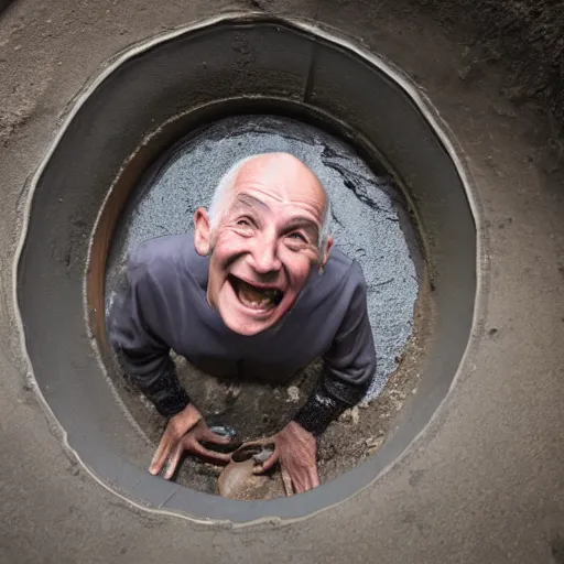 Prompt: a smiling old man in a sewer