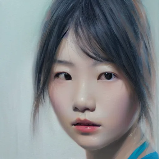 Image similar to perfect, realistic oil painting of close-up japanese girl face, by Sakimichan, by an American professional senior artist, Hollywood concept, dynamic composition and motion, postproduction.