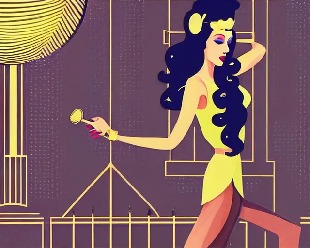 Prompt: teenage cher dancing in art deco style, champagne commercial, artstation, illustration, bright, cheerful, detailed and intricate environment