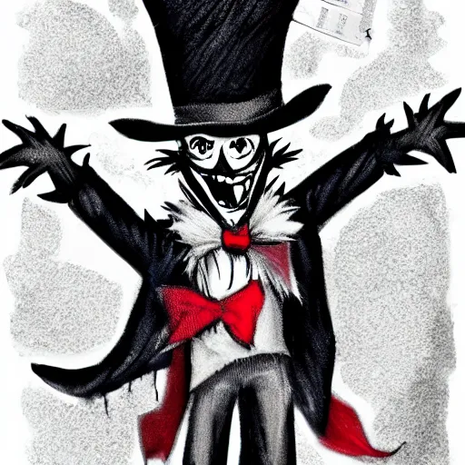 Image similar to a Pop Wonder scary horror themed goofy-hilarious-character Jack-Frost-Babadook-scarecrow-madhatter-williewonka-wearing a scarf with RED-Eyes, 3-piece-suit, dime-store-comic drawn with charcoal and pen and ink, half-tone-line-stacking