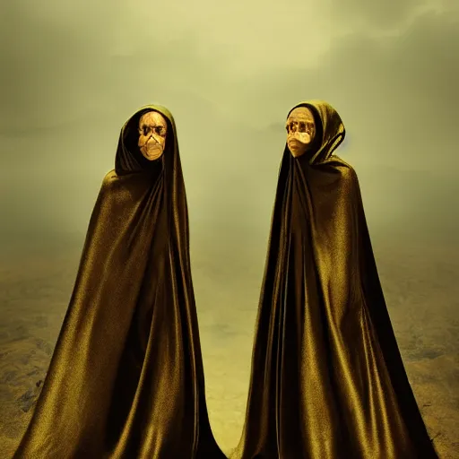 Image similar to a portrait of a twin nuns wearing a long dark cloak, hood and shadows covering face, holding golden chains, oil painting, matte painting, black background, Volumetric Golden dappled dynamic lighting, Highly Detailed, Cinematic Lighting, Unreal Engine, 8k, HD, by Beksinski