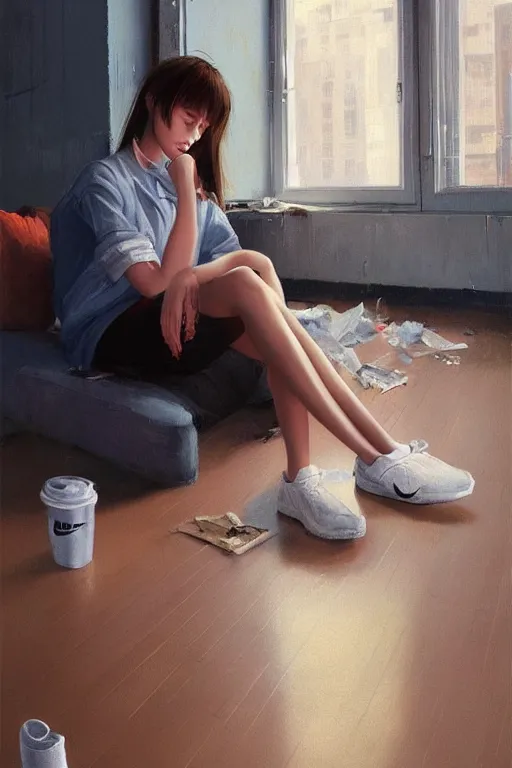 Image similar to A ultradetailed beautiful panting of a stylish girl sitting on the floor of a messy apartment, she is wearing an oversized Nike jacket, she is holding a Styrofoam cup, Oil painting, by Ilya Kuvshinov, Greg Rutkowski and Makoto Shinkai