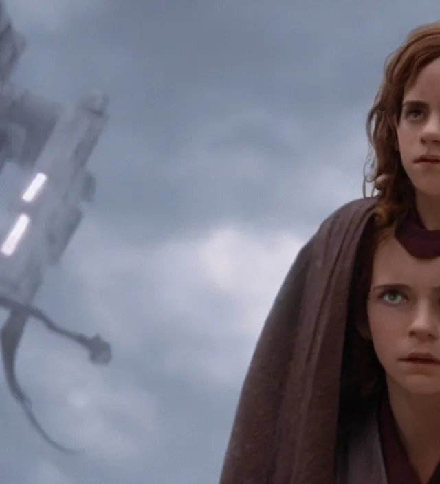 Prompt: hermione in star wars, movie still frame, hd, remastered, movie grain, cinematic lighting