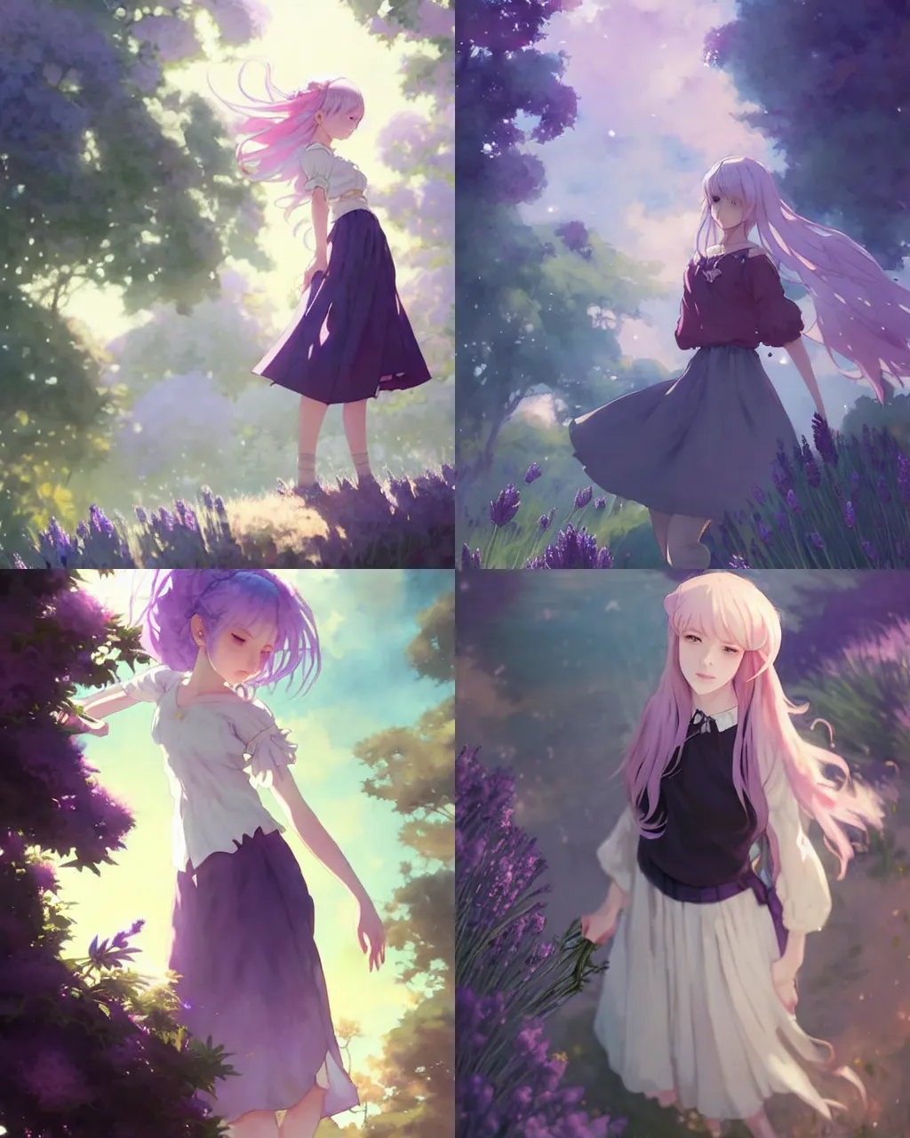 Prompt: a girl with lavender hair and black skirt, fairy tale style background, a beautiful half body illustration, top lighting, perfect shadow, soft painting, reduce saturation, leaning towards watercolor, art by hidari and krenz cushart and wenjun lin and akihiko yoshida and caidychen
