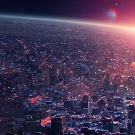 Image similar to gigantic city seen from spce with cinematic light, 8 k landscape render, space japan mech in the space, ice planet, sunset, sunrays