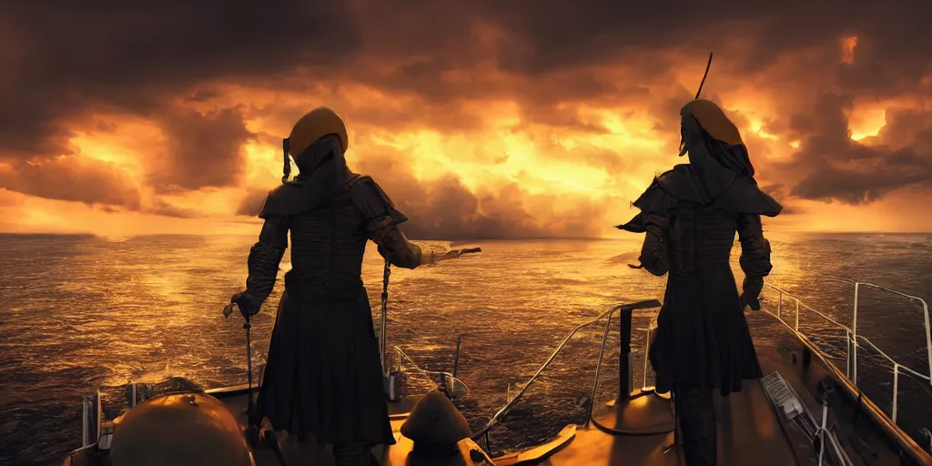 Prompt: medieval woman ship pilot from behind standing at the bow of a ship at sea, dramatic golden neon sunset with thick wall of storm clouds, dynamic lighting, hyperrealistic, HD 4k, artstation