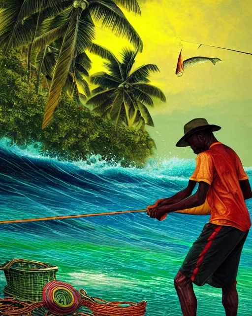 Prompt: Fisherman, Jamaican Male Fisherman, casting fishing rod into the sea, Illustration, Third-Person View, Depth of Field, Colorful with Yellow Green Black Red, insanely detailed and intricate, hypermaximalist, jamaican vibe, hyper realistic, super detailed, by Charlie Bowater, by Karol Bak