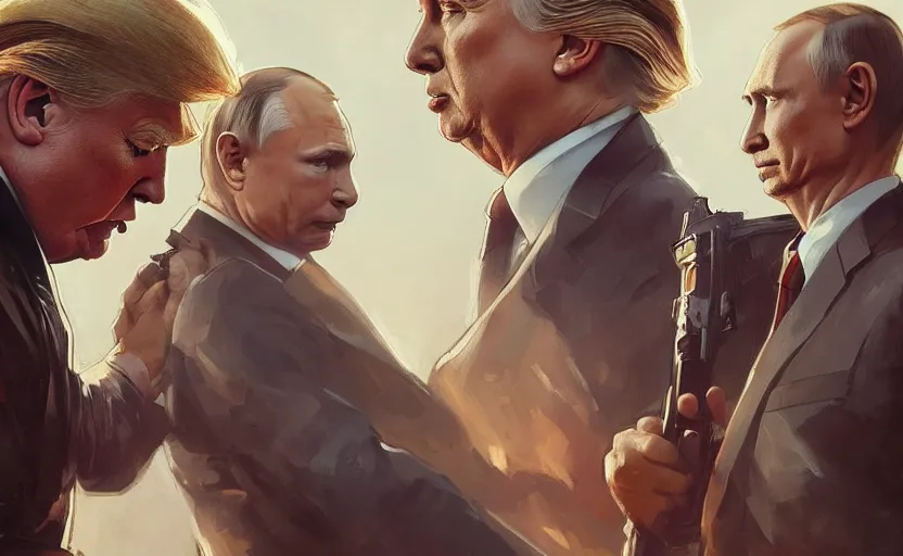 Image similar to Donald Trump vs Vladimir Putin, face to face staring, civil war style, highly detailed, digital painting, artstation, concept art, smooth, sharp focus, illustration, cinematic lighting, art by artgerm and greg rutkowski and alphonse mucha