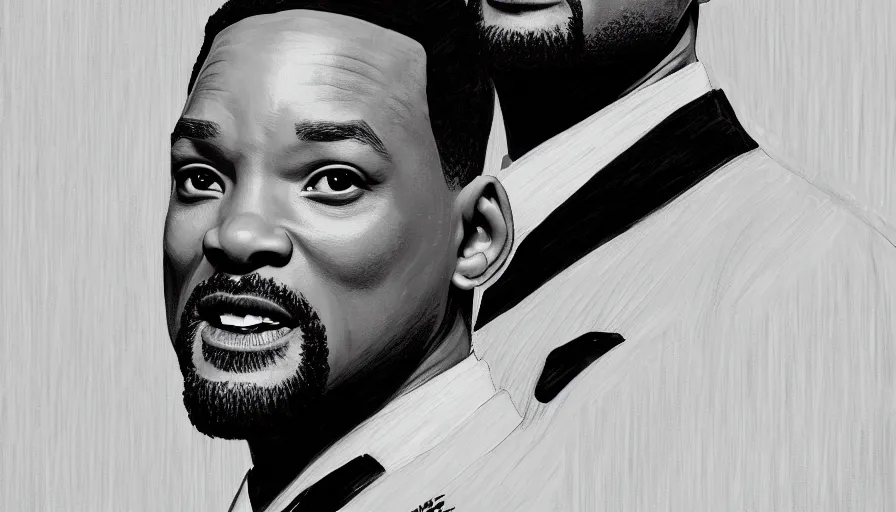 Image similar to will smith in white suit and tie, black background, hyperdetailed, artstation, cgsociety, 8 k