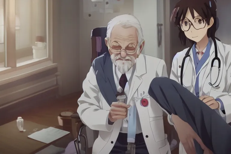 Prompt: a cute young female doctor wearing white coat, an old man of 80 years in a wheelchair, hospital ward, slice of life anime, cinematic, realistic, highly detailed, 8kHDR, anime scenery by Makoto shinkai