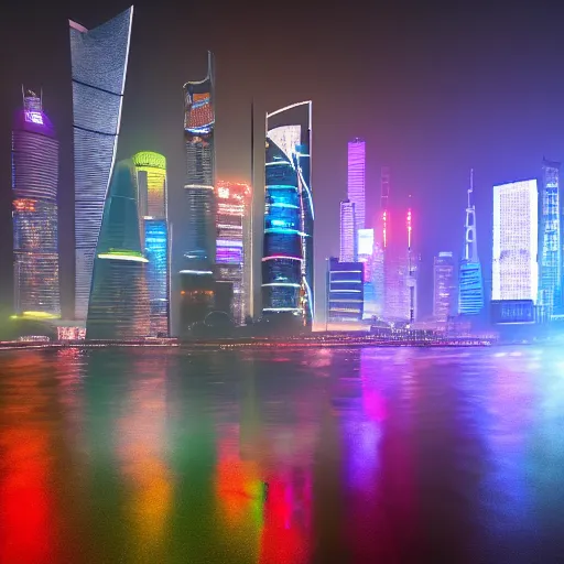 Image similar to cyberpunk shanghai lujiazui in the night seen from below, cityscape, mist, rain, artstation, 8 k