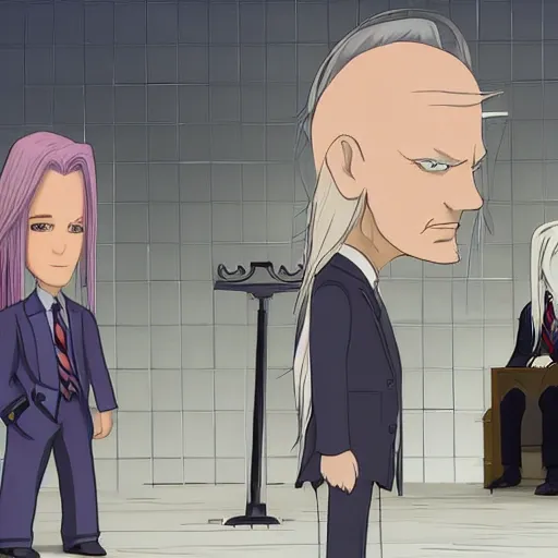 Image similar to saul goodman standing next to sephiroth from final fantasy in court, low angle