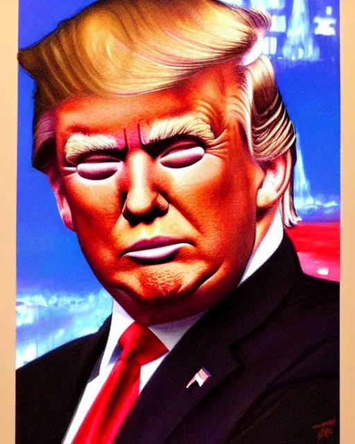 Image similar to donald trump with a subtle smirky smile painted by drew struzan, intrincate background, clear highly detailed, beautiful sci fi art