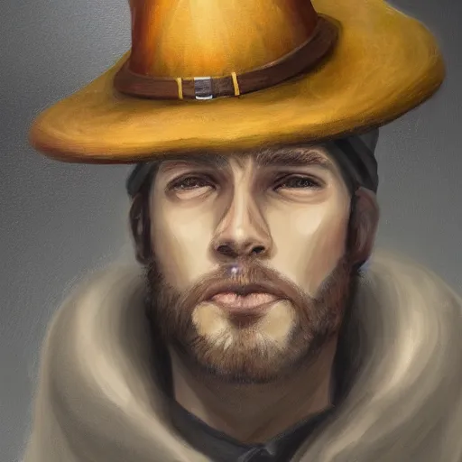 Image similar to a painting of a man with a hat on his head, a character portrait by nina tryggvadottir, trending on deviantart, fantasy art, official art, d & d, detailed painting