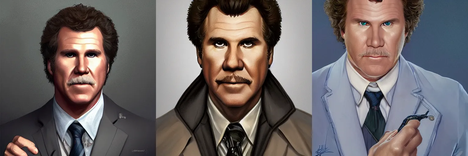 Prompt: portrait of Will Ferrell as a detective, highly detailed, digital painting, artstation, concept art, sharp focus, illustration, art by artgerm and greg rutkowski and alphonse mucha