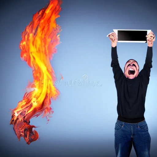 Image similar to a man holding a laptop screaming in rage as flames emerges from his hair, stock photo, realistic, hdr, clear image, hdd, dynamic lighting, rtx on,