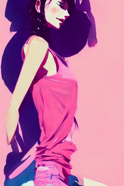 Image similar to a ultradetailed beautiful painting of a stylish woman in a pink tank top, by conrad roset, greg rutkowski and makoto shinkai trending on artstation