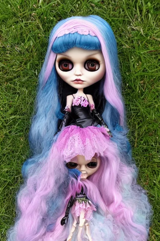 Prompt: gothic blythe doll with flowers painted by jeremiah ketner