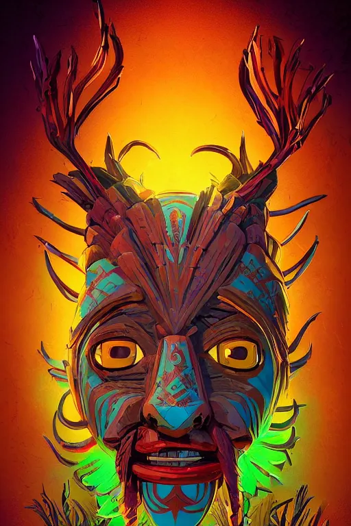 Image similar to viktor orban totem animal tribal chaman vodoo mask feather gemstone plant wood rock video game illustration vivid color borderlands by josan gonzales and dan mumford radiating a glowing aura