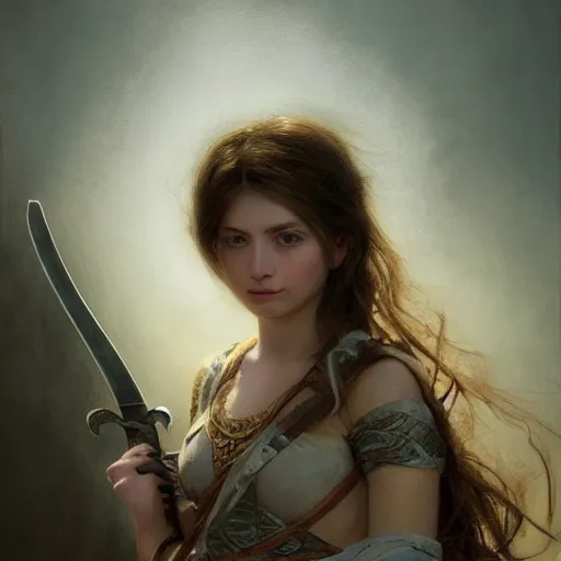 Prompt: artstation concept of a beautiful girl holding a sword in both hands, brown sweaty skin, symmetrical face, casual white garment, brown canyon background, shiny colorful, hyperdetailed, artstation trending, world renowned artists, worth1000.com, historic artworks society, antique renewel, cgsociety, by greg rutkowski, by Gustave Dore, Deviantart