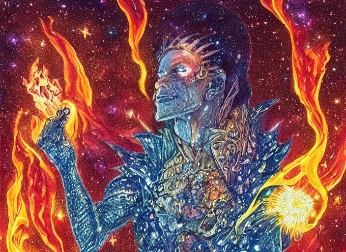 Image similar to high intricate colored ink drawing of the sandman holding a glimmering fire - galaxy, full shot, neil gaiman, maria panfilova, andrea savchenko, mike kime, ludovic plouffe, qi sheng luo, oliver cook, julian calle, eddie mendoza, trending on artstation