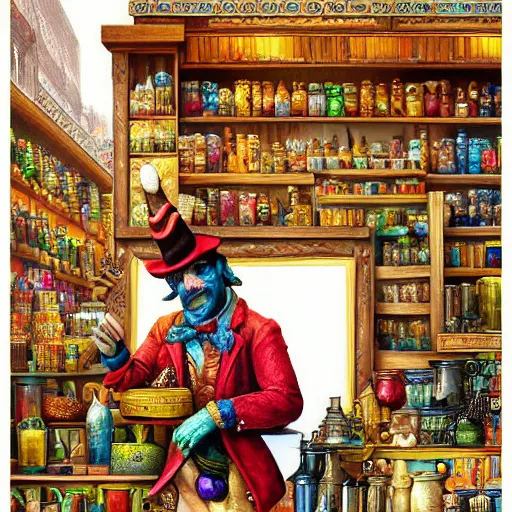 Image similar to Anthropomorphic parrot trader in his shop, shelves full, selling a gem, portrait, items, magic potions, carpet, window, fancy funny hat, sly expression , cunning expression, cute expression, presenting magic gem, D&D, fantasy, cinematic lighting, highly detailed, digital painting, artstation, concept art, smooth, sharp focus, illustration, warm light, cozy warm tint, magic the gathering artwork, volumetric lighting, 8k, no gold, no gold colours, art by Akihiko Yoshida, Greg Rutkowski