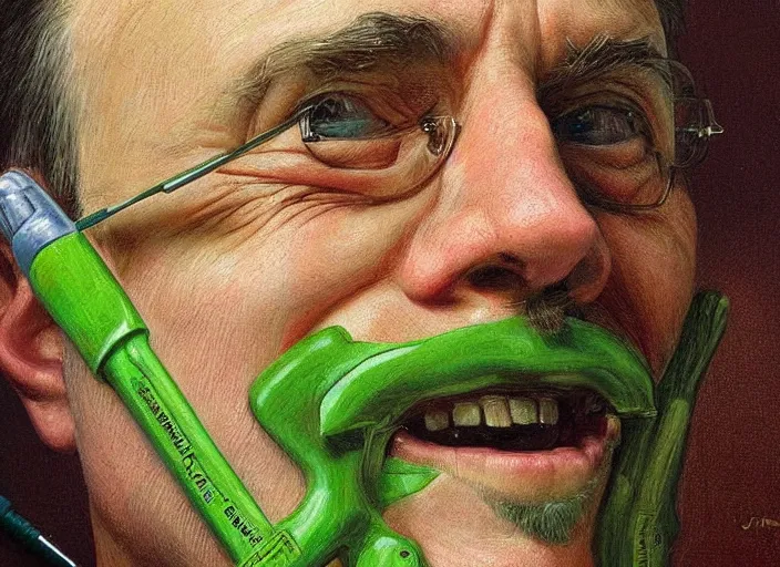 Image similar to a highly detailed green portrait of a dentist, james gurney, james jean