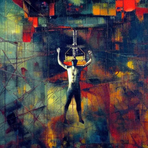 Image similar to a mechanical god hangs from the ceiling in a cold and empty room, a high detailed mordecai ardon painting, by adrian ghenie and gerhard richter. art by james gurney. masterpiece, deep colours.