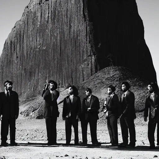 Image similar to Contamporary art fashion photography of ultra mega super hyper realistic detailed group of monkey's in suits standing around very highly detailed Obsidian monolith in the desert