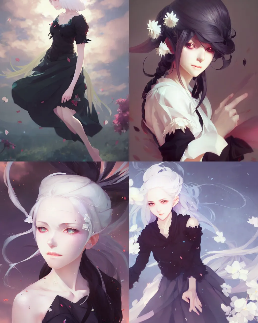 Prompt: a girl with white hair and black skirt, flower decoration on the background, a beautiful half body illustration, top lighting, perfect shadow, soft painting, art by hidari and krenz cushart and wenjun lin