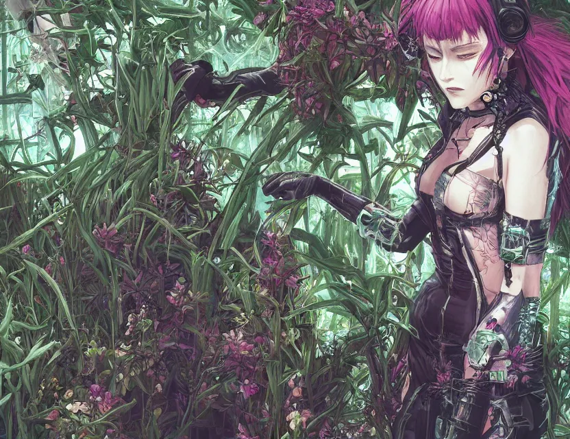 Prompt: the cyberpunk princess overgrown by plants. this oil painting by the award - winning mangaka has interesting color contrasts, plenty of details and impeccable lighting.