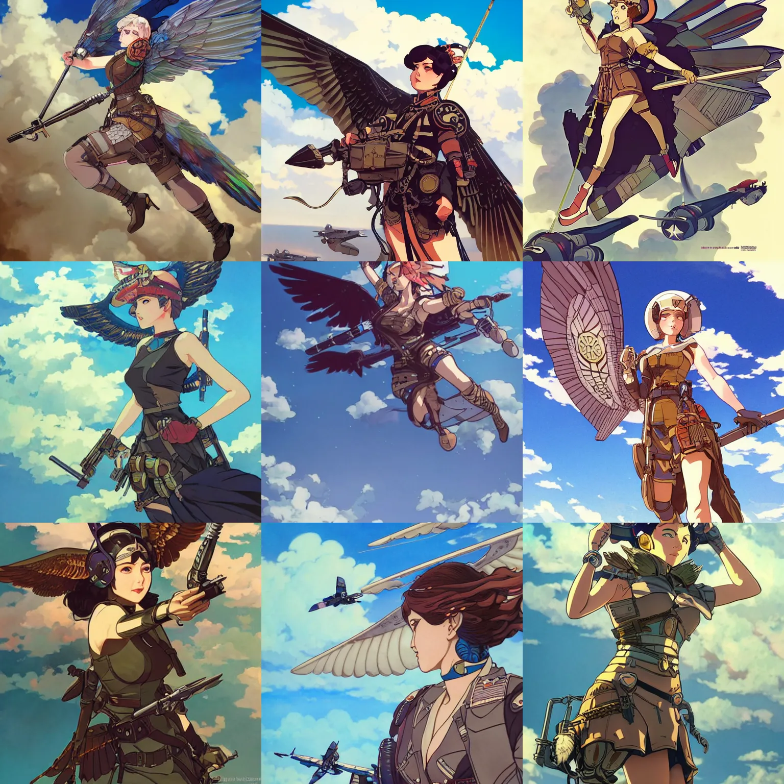 Prompt: a dieselpunk valkyrie taking flight into a vivid sky, ilya kuvshinov face, highly detailed, cel shading, watercolor, anime key visual, in the style of hayao miyazaki and alphonse mucha