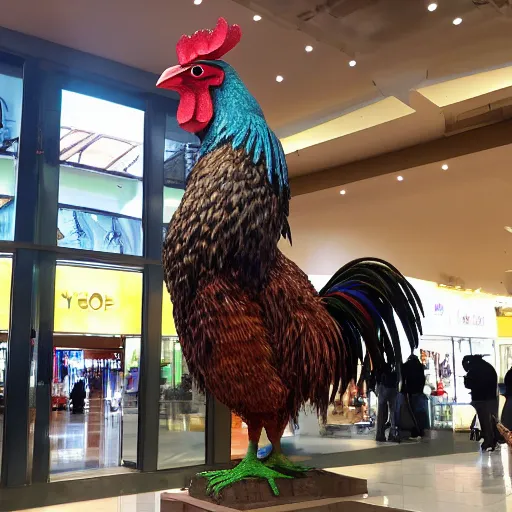 Prompt: giant rooster next to a small rooster inside a shopping mall