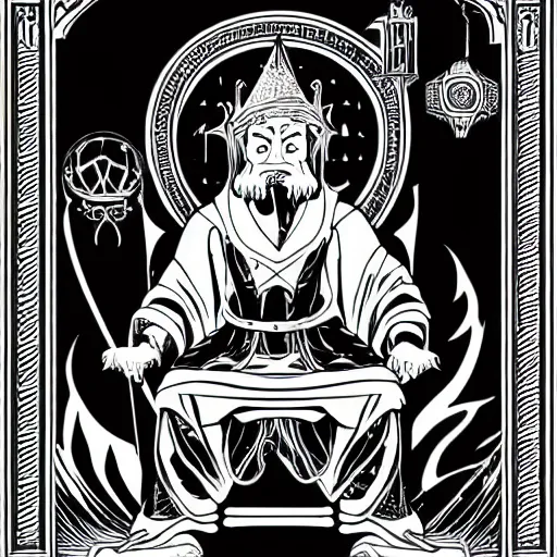 Image similar to An old wizard sitting on a throne, anime style svg