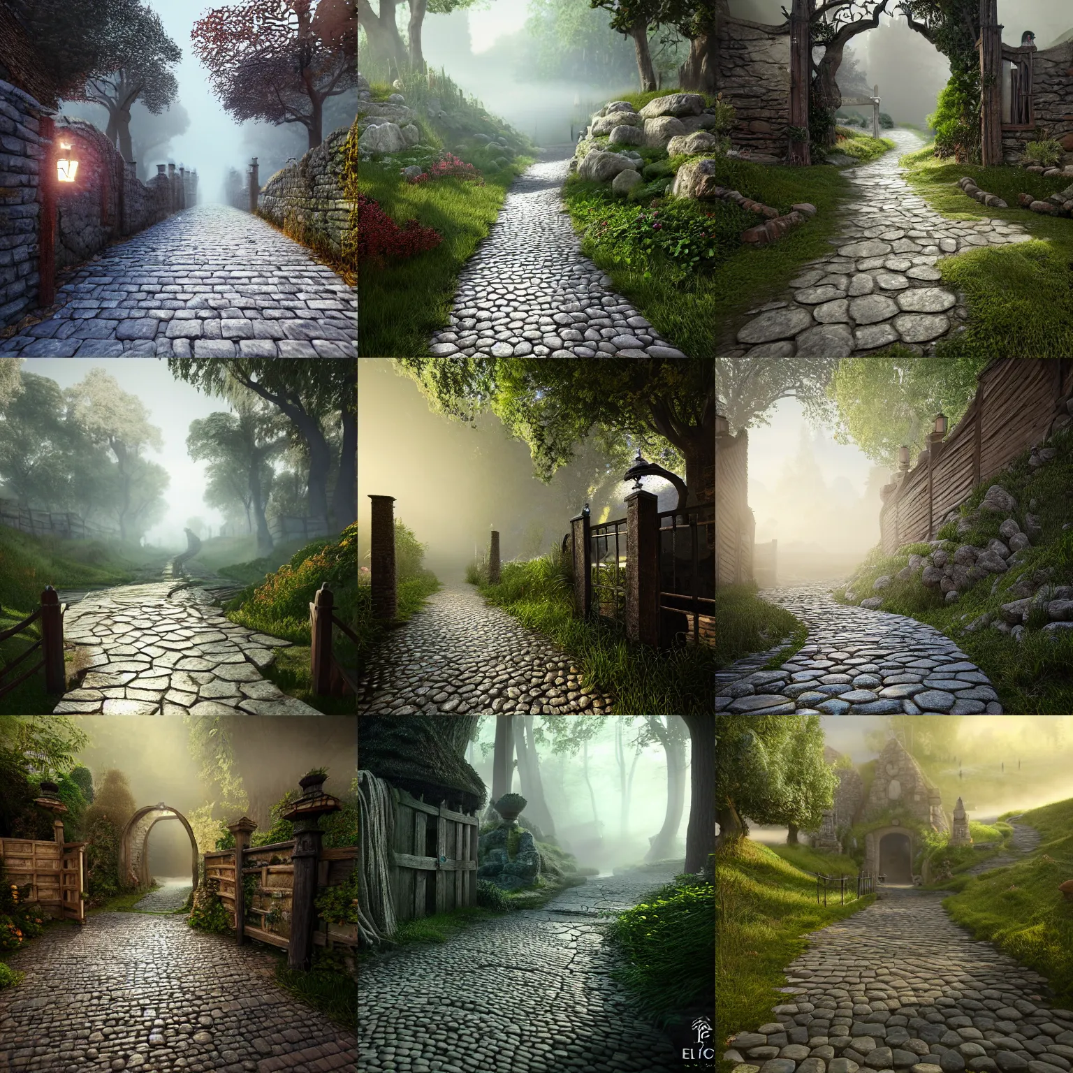 Prompt: cobblestone path leading to the wooden gates to the shire, intricate detail, volumetric lighting, epic composition, hyper detailed, ultra realistic, sharp focus, octane render, volumetric, ray tracing, sense of awe, swirling mist, 4 k