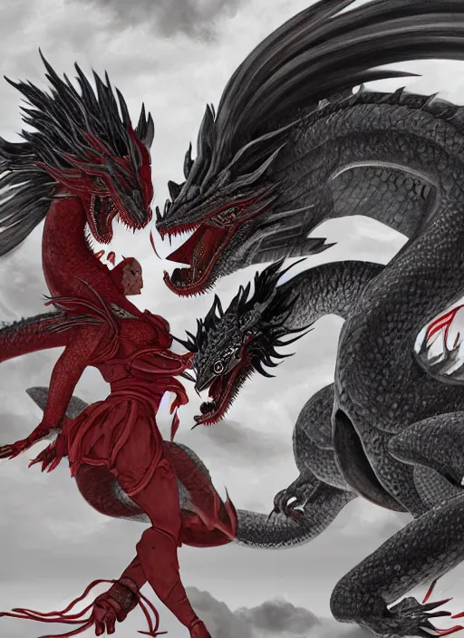 Image similar to maiko fighting a dragon, fluent composition, red white and black, concept art, ambient light, 4 k, intricate details, highly professionally detailed, cgsociety, highly detailed -