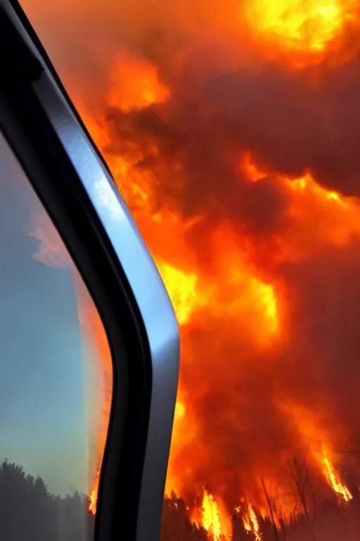 Prompt: passenger looking a huge wildfire at window in airplane