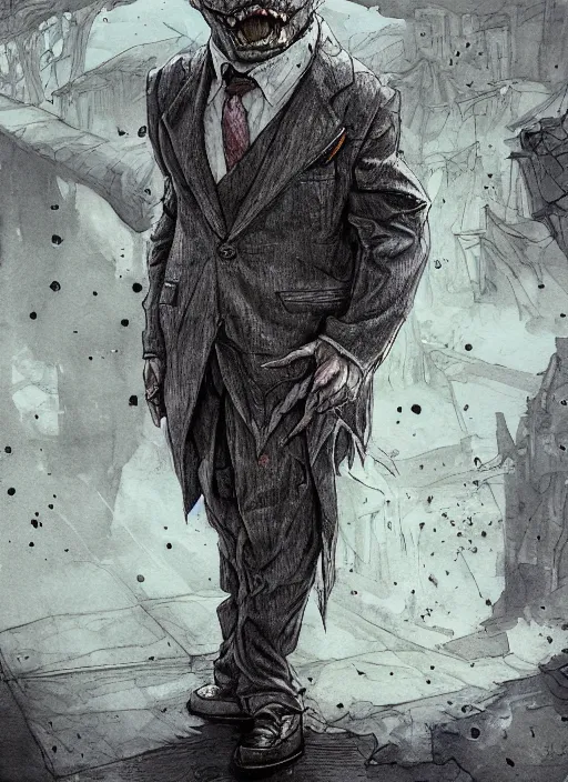 Prompt: portrait, an ugly goblin in an oversized suit and tie, watercolor, dramatic lighting, cinematic, establishing shot, extremely high detail, foto realistic, cinematic lighting, pen and ink, intricate line drawings, by Yoshitaka Amano, Ruan Jia, Kentaro Miura, Artgerm, post processed, concept art, artstation, matte painting, style by eddie mendoza, raphael lacoste, alex ross