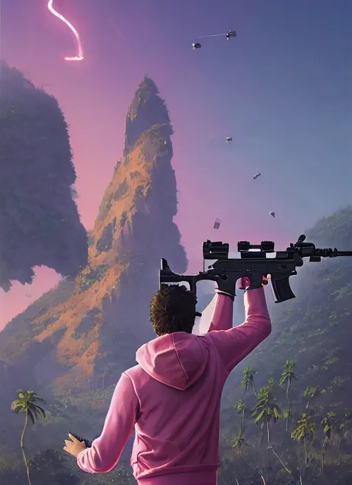 Image similar to highly detailed portrait justin trudeau in ( ( pink hoody ) ) holding ar - 1 5! ( setting costa rica ) in gta v stephen bliss unreal engine fantasy art by greg rutkowski loish rhads ferdinand knab makoto shinkai lois van baarle ilya kuvshinov rossdraws tom bagshaw global illumination radiant light detailed intricate environment