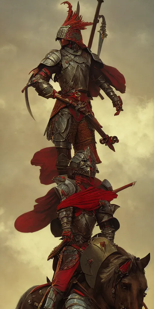 Image similar to fantasy male knight red plume, center focused, matte painting, neon, concept art, schematics, gnarly details painted by tom bagshaw, norman rockwell, mucha, james gurney, high detail, denoised, sharp, architectural