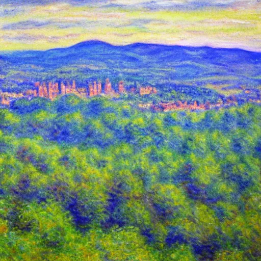 Image similar to asheville skyline from beaucatcher mountain, in the style of claude monet, watercolor, beautiful, scenic, award winning, 4 k, hd